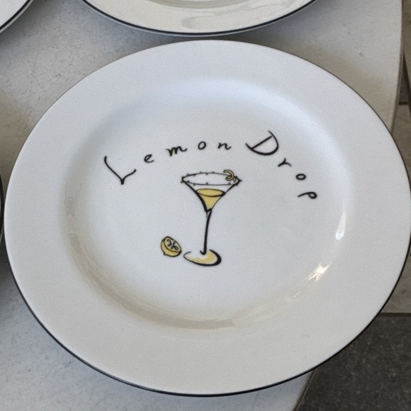 Pottery Barn 4 Martini Cocktail Plates Appletini Cosmo Lemon Drop Blue Moon - Picture 3 of 7